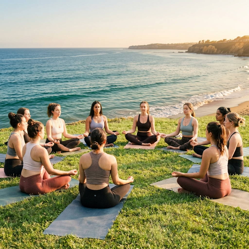 Group of women meditating on yoga mats in a park